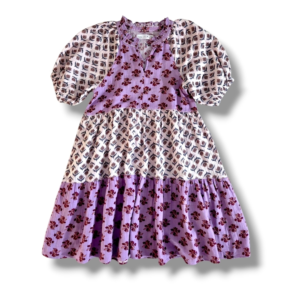 ZARA Kids Mauve Patchwork Linen Contrasting Floral Dress